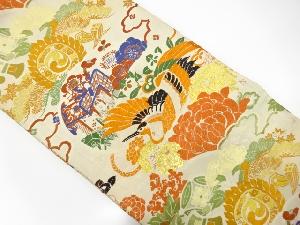 アンティーク　鶴に御所車・宝尽くし模様織出し丸帯（材料）